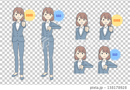 一組年輕女商人豎起大拇指和大拇指向下的插圖。 一組年輕女商人豎起大拇指和大拇指向下的插圖。 138178928