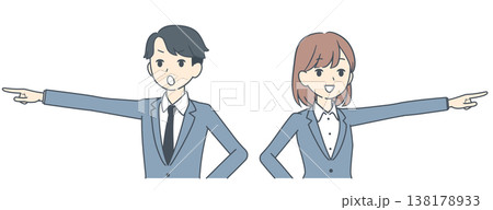 前方をまっすぐ指さす若いビジネスマンとビジネスウーマンのイラスト 上半身 138178933
