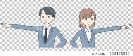 前方をまっすぐ指さす若いビジネスマンとビジネスウーマンのイラスト 上半身 138178933