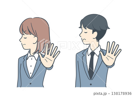 手のひらを前に突き出して拒絶する若いビジネスパーソンのイラスト 上半身 手のひらを前に突き出して拒絶する若いビジネスパーソンのイラスト 上半身 138178936