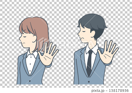 手のひらを前に突き出して拒絶する若いビジネスパーソンのイラスト 上半身 手のひらを前に突き出して拒絶する若いビジネスパーソンのイラスト 上半身 138178936