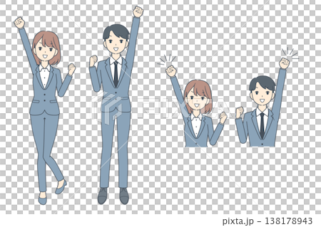拳を突き上げる若いビジネスパーソンのイラスト　セット　全身　上半身 138178943