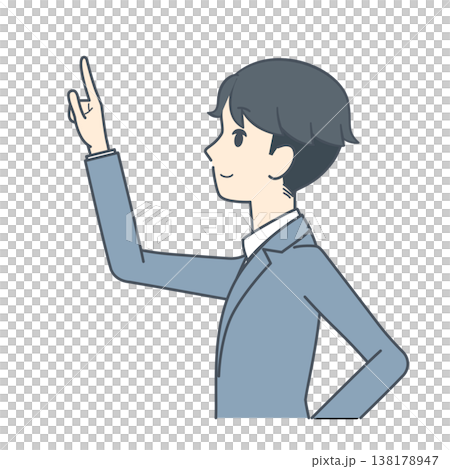 An illustration of a young businessman facing sideways and pointing upwards (upper body). An illustration of a young businessman facing sideways and pointing upwards (upper body). 138178947