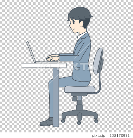 真横から見た、ノートパソコンでデスクワークする若いビジネスマンのイラスト 138178951