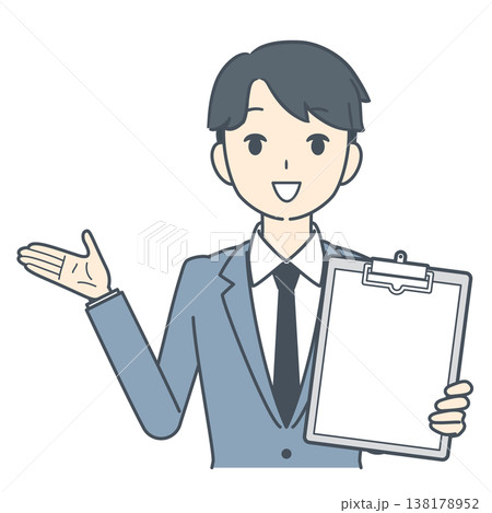クリップボードを見せて話す若いビジネスマンのイラスト 上半身 クリップボードを見せて話す若いビジネスマンのイラスト 上半身 138178952