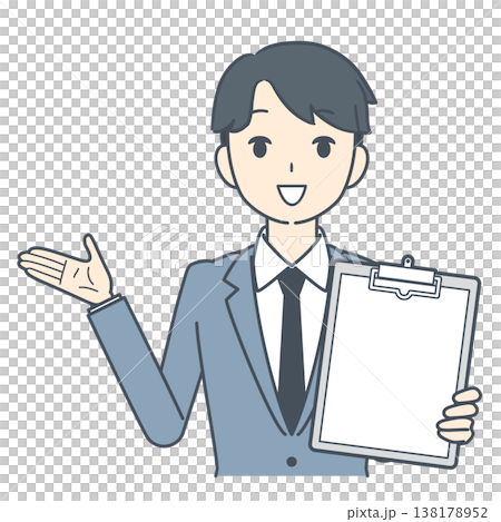 クリップボードを見せて話す若いビジネスマンのイラスト 上半身 クリップボードを見せて話す若いビジネスマンのイラスト 上半身 138178952
