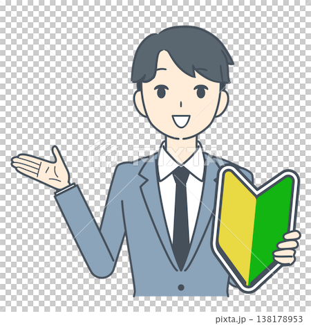 圖：一位年輕商人一邊說話一邊展示新手駕駛貼紙（上半身） 138178953