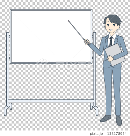 一位年輕的商人站在白板前,手持指示棒。 一位年輕的商人站在白板前,手持指示棒。 138178954