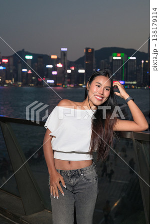 Thai Woman Tourist at Hong Kong Night Skyline Thai Woman Tourist at Hong Kong Night Skyline 138179114