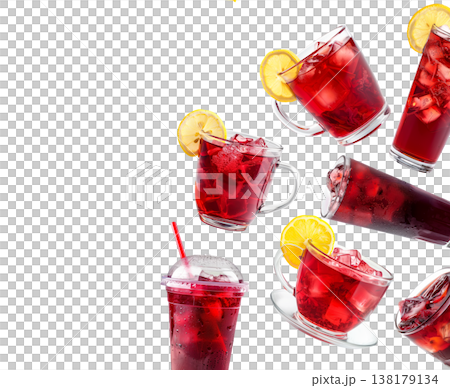 Various hibiscus iced tea drinks in clear jars with herbs isolated on white, concept of refreshing summer beverages Various hibiscus iced tea drinks in clear jars with herbs isolated on white, concept of refreshing summer beverages 138179134