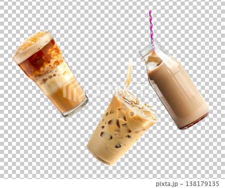 Various iced coffee beverages or tea milk isolated on white background, showing refreshing drink concept idea theme Various iced coffee beverages or tea milk isolated on white background, showing refreshing drink concept idea theme 138179135
