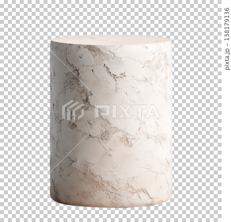 Stone cylindrical pedestal with rough texture shown isolated on white background, concept of minimal decor 138179136