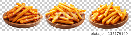 Set of Kumara sweet potato fries with black pepper and herbs on wooden plate, on white, concept of New Zealand fast food snack 138179149