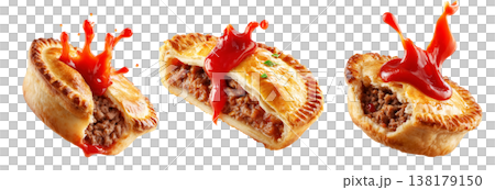 Set of Australia meat pie filled with minced meat  and topped with ketchup, isolated on white transparent background 138179150