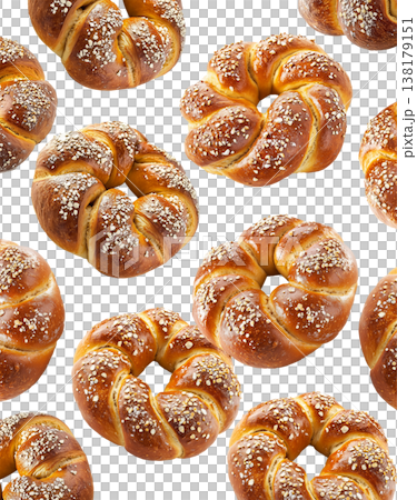 Multiple twisted pretzel buns or bagel with coarse salt topping arranged in seamless pattern isolated on white background Multiple twisted pretzel buns or bagel with coarse salt topping arranged in seamless pattern isolated on white background 138179151
