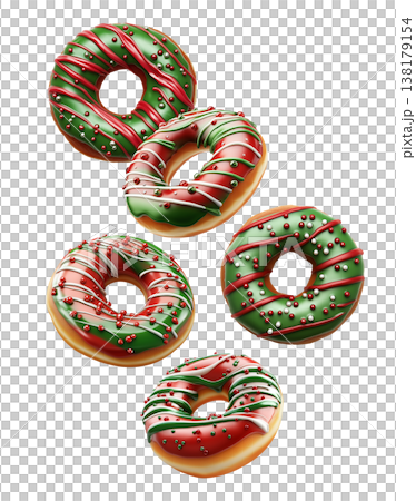Festive donuts with red and green icing, decorated with sprinkles, seamless pattern style isolated on white background Festive donuts with red and green icing, decorated with sprinkles, seamless pattern style isolated on white background 138179154