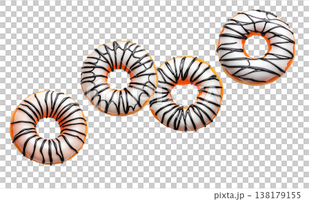 Multiple round glazed donuts with white icing and chocolate drizzle isolated on white background, concept of sweet dessert concept Multiple round glazed donuts with white icing and chocolate drizzle isolated on white background, concept of sweet dessert concept 138179155