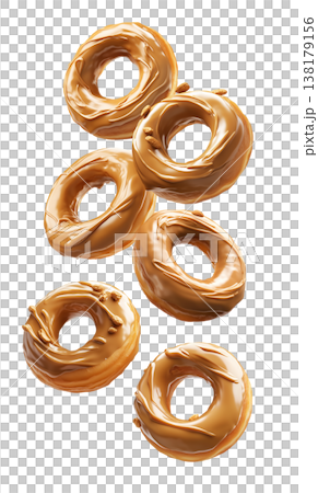 Multiple caramel glazed donuts scattered in a seamless pattern, isolated on white background, concept of dessert Multiple caramel glazed donuts scattered in a seamless pattern, isolated on white background, concept of dessert 138179156