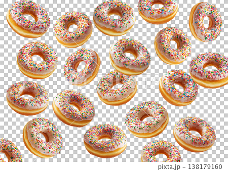 Multiple glazed donuts with colorful sprinkles scattered randomly and isolated on white background, sweet dessert concept Multiple glazed donuts with colorful sprinkles scattered randomly and isolated on white background, sweet dessert concept 138179160