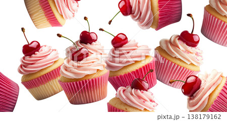 Multiple pink frosted cupcakes with cherries scattered and isolated on a white background, concept of dessert or pastry pattern Multiple pink frosted cupcakes with cherries scattered and isolated on a white background, concept of dessert or pastry pattern 138179162