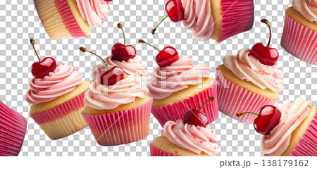 Multiple pink frosted cupcakes with cherries scattered and isolated on a white background, concept of dessert or pastry pattern Multiple pink frosted cupcakes with cherries scattered and isolated on a white background, concept of dessert or pastry pattern 138179162
