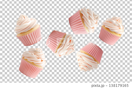 Multiple pink frosted cupcakes with swirl icing scattered in a seamless layout, isolated on white background Multiple pink frosted cupcakes with swirl icing scattered in a seamless layout, isolated on white background 138179165