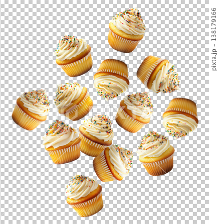 Vanilla cupcakes with creamy frosting and colorful sprinkles, isolated on white background. Concept of sweet dessert treats 138179166