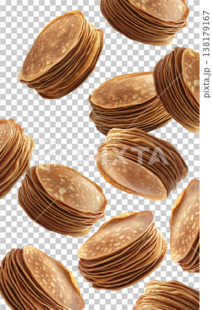 Multiple stacks of golden brown pancakes isolated on white background, concept of breakfast or food abundance Multiple stacks of golden brown pancakes isolated on white background, concept of breakfast or food abundance 138179167