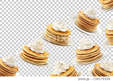 Repeating pattern of golden pancakes topped with whipped cream on plates, isolated over a white background, concept of breakfast Repeating pattern of golden pancakes topped with whipped cream on plates, isolated over a white background, concept of breakfast 138179169