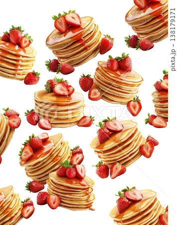 Multiple stacks of pancakes topped with strawberries and raspberries, isolated on white background, concept of breakfast variety Multiple stacks of pancakes topped with strawberries and raspberries, isolated on white background, concept of breakfast variety 138179171