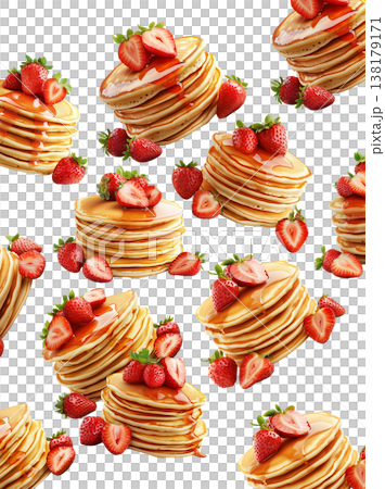 Multiple stacks of pancakes topped with strawberries and raspberries, isolated on white background, concept of breakfast variety Multiple stacks of pancakes topped with strawberries and raspberries, isolated on white background, concept of breakfast variety 138179171