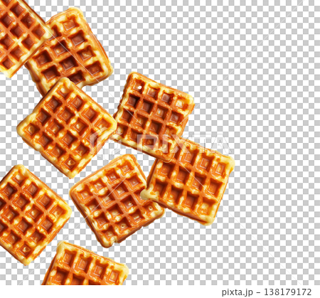 Multiple golden brown square waffles scattered randomly, isolated on white background. Concept of breakfast or snack food Multiple golden brown square waffles scattered randomly, isolated on white background. Concept of breakfast or snack food 138179172