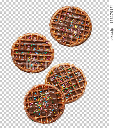 Delicious chocolate syrup covered waffles with colorful sprinkles isolated on white background. Concept of sweet dessert pattern Delicious chocolate syrup covered waffles with colorful sprinkles isolated on white background. Concept of sweet dessert pattern 138179174