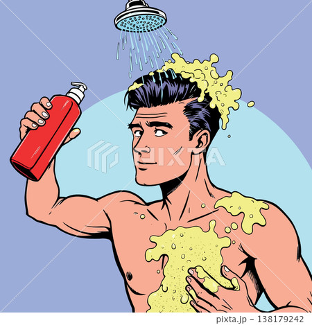 Vsai man showering with shampoo and soap in bathroom 138179242
