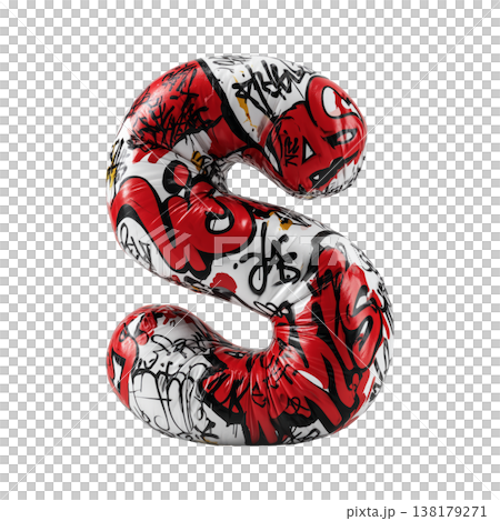 Inflatable letter S covered in graffiti art isolated on white background, representing urban creativity and bold street concept 138179271