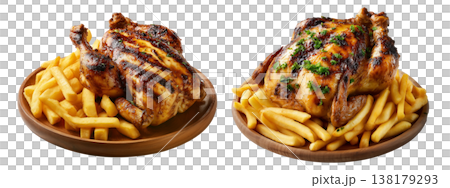 Juicy roasted whole roasted chicken placed on pile of French fries, isolated on white transparent background, concept of fast food Juicy roasted whole roasted chicken placed on pile of French fries, isolated on white transparent background, concept of fast food 138179293