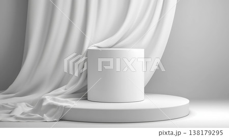 Minimal white podium with flowing fabric in minimalist style on light white background, concept of elegance and presentation Minimal white podium with flowing fabric in minimalist style on light white background, concept of elegance and presentation 138179295