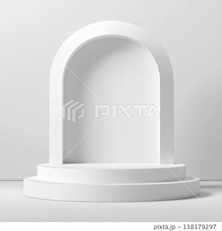 Minimal white arch podium in minimal style on white monochrome background, modern beverage advertising and product presentation Minimal white arch podium in minimal style on white monochrome background, modern beverage advertising and product presentation 138179297