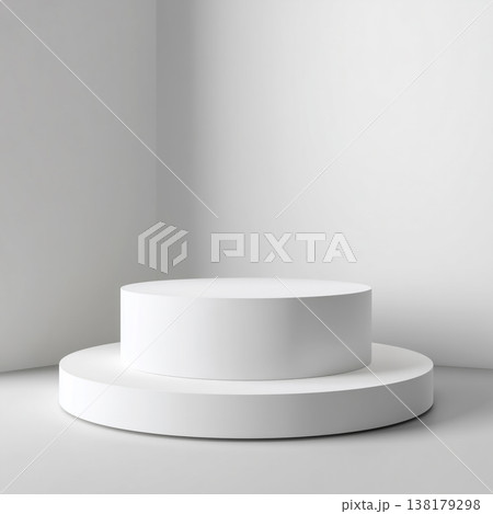 White circular podium in minimal style round pedestal on white background, concept of product display and modern elegance White circular podium in minimal style round pedestal on white background, concept of product display and modern elegance 138179298
