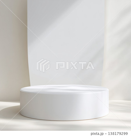 White circular podium in minimal style round pedestal on white background, concept of product display and modern elegance White circular podium in minimal style round pedestal on white background, concept of product display and modern elegance 138179299