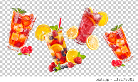 Savor a refreshing iced raspberry beverage with fruit and mint under the warm summer sun 138179303