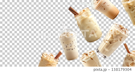 Multiple iced coffee beverages with cream or horchata isolated on white background, concept of refreshing cold drinks 138179304