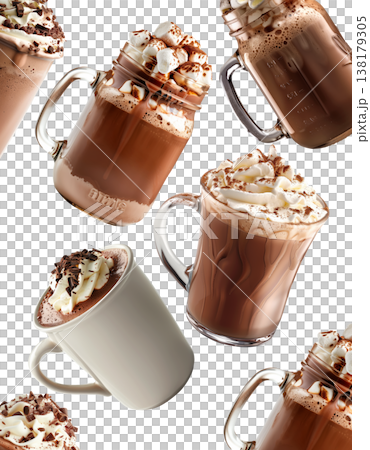 Hot chocolate drinks in various mugs with whipped cream isolated on white background showing warm beverage concept Hot chocolate drinks in various mugs with whipped cream isolated on white background showing warm beverage concept 138179305