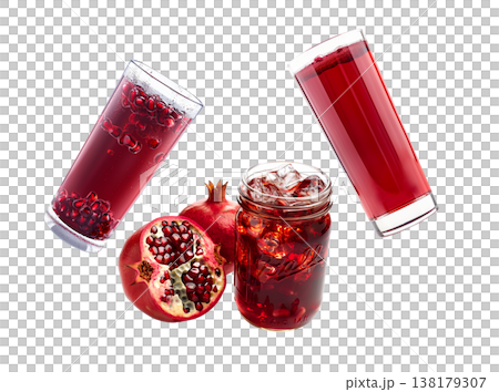 Pomegranate juice jars with ice and fruits isolated on white background, concept of natural freshness Pomegranate juice jars with ice and fruits isolated on white background, concept of natural freshness 138179307