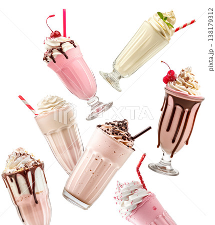 Multiple milkshakes with whipped cream shown isolated on white background, concept of sweet dessert treats Multiple milkshakes with whipped cream shown isolated on white background, concept of sweet dessert treats 138179312