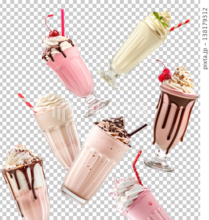 Multiple milkshakes with whipped cream shown isolated on white background, concept of sweet dessert treats Multiple milkshakes with whipped cream shown isolated on white background, concept of sweet dessert treats 138179312