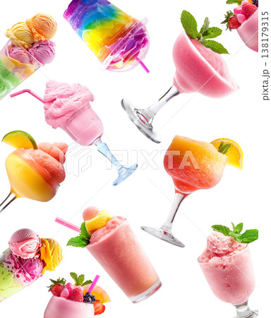 Assorted vibrant frozen beverages sherbet and ice cream isolated on white background, expressing summer refreshment concept Assorted vibrant frozen beverages sherbet and ice cream isolated on white background, expressing summer refreshment concept 138179315