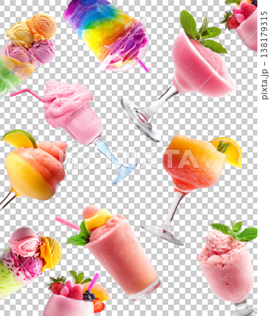 Assorted vibrant frozen beverages sherbet and ice cream isolated on white background, expressing summer refreshment concept 138179315