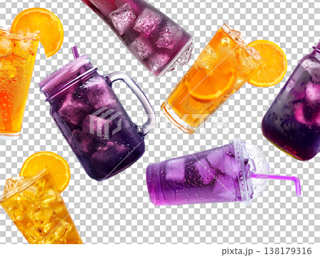 Colorful iced fruit soda drinks in cups and jars isolated on white background conveying refreshment and summer mood Colorful iced fruit soda drinks in cups and jars isolated on white background conveying refreshment and summer mood 138179316