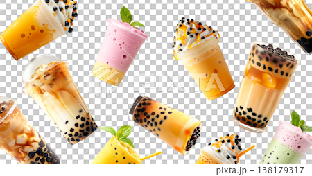 Various colorful bubble tea drinks shown isolated on white background, concept of freshness and sweet beverages Various colorful bubble tea drinks shown isolated on white background, concept of freshness and sweet beverages 138179317
